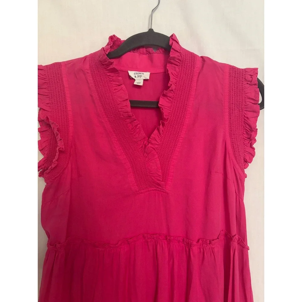 Crown & Ivy XSm Cottagecore Hot‎ Pink Tencel Tiered Ruffle Smocked Midi Dress